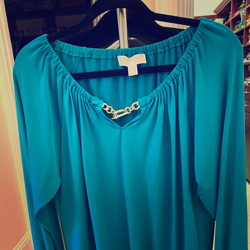 MK teal blouse with elegant golden chain front